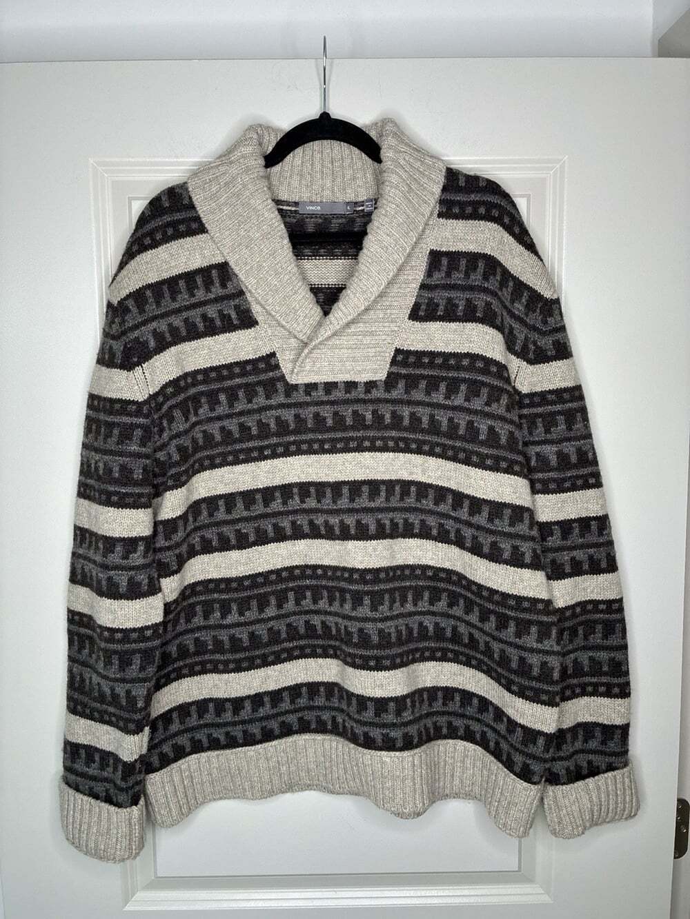 Vince Fair Isle Shawl Collar Sweater Brown Cream Men's Size XL 100% Wool